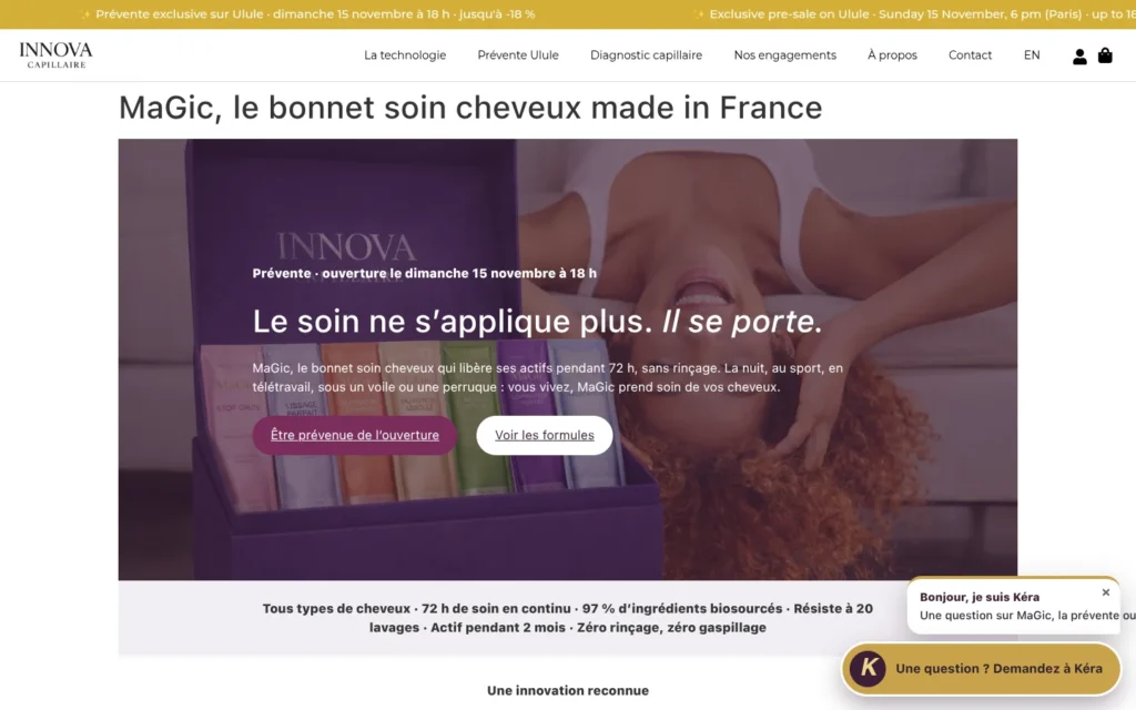 Page d’accueil du site Innova Capillaire sur ordinateur
